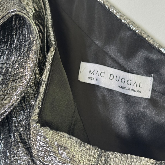 Mac Duggal Style #67906 One Shoulder Bow Midi Dress Brocade Metallic Silver - Picture 9 of 13